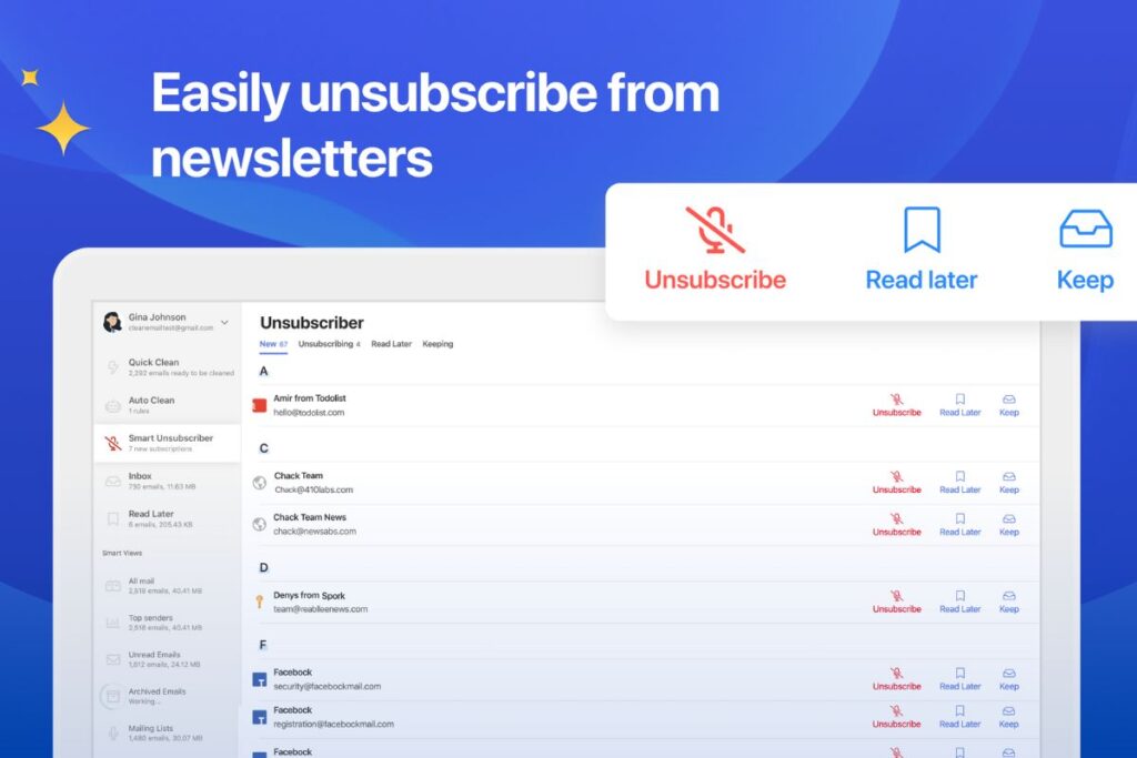 Clean Email's Unsubscriber feature