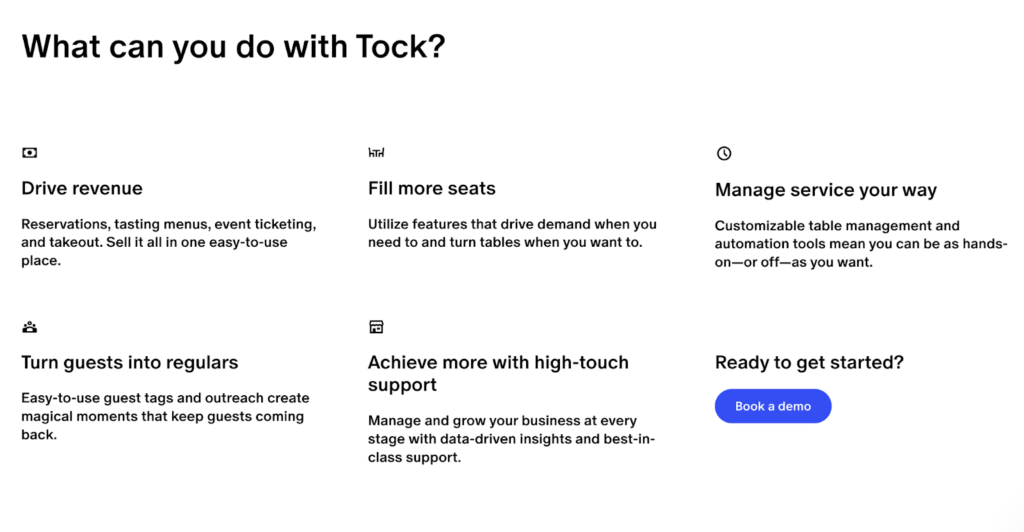 Tock's features for restaurants