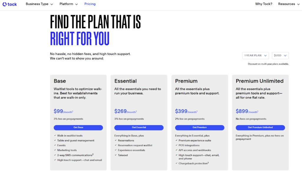 Tock pricing plans for business