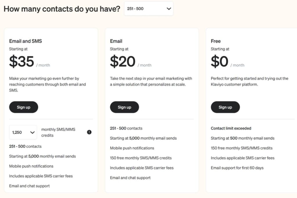 Klaviyo's pricing model includes a free plan and two premium plans